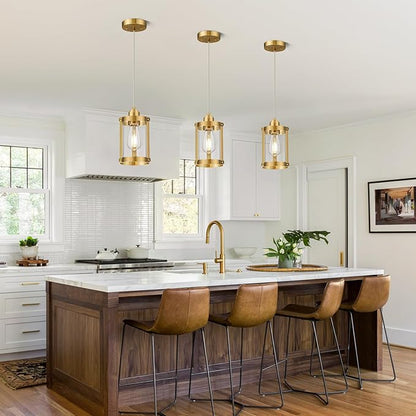 Brushed Gold Pendant Lights Kitchen Island, 1-Light Modern Brass Mini Hanging Light Fixtures with Clear Glass, Farmhouse Kitchen Pendant Lighting Over Island for Sink, OS-3014-1PBG