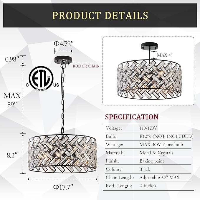 Crystal Ceiling Light Black Modern Chandelier 18" Pendant Light 6-Light Convertible Semi Flush Mount Lighting Drum Semi Flush Mount Hanging Drum Shade for Kitchen Island Dining Room Bedroom Hallway