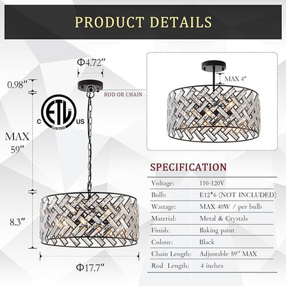 Crystal Ceiling Light Black Modern Chandelier 18" Pendant Light 6-Light Convertible Semi Flush Mount Lighting Drum Semi Flush Mount Hanging Drum Shade for Kitchen Island Dining Room Bedroom Hallway