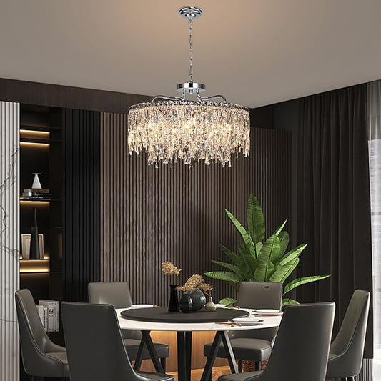 Luxury Crystal Chandelier, 24" Modern Round Dining Room Chandeliers Over Table，8 Lights Chrome Ceiling Pendant Ceiling Lighting for Living Room Bedroom Entryway Foyer Staircase