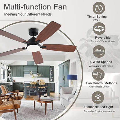 NKPU 52inch Ceiling Fans with Lights, Low Profile Ceiling Fan with Light and Remote/App Control, 2 Downrods, DC Reversible Motor, Noiseless, Dimmable Brown Ceiling Fan for Bedroom Livingroom