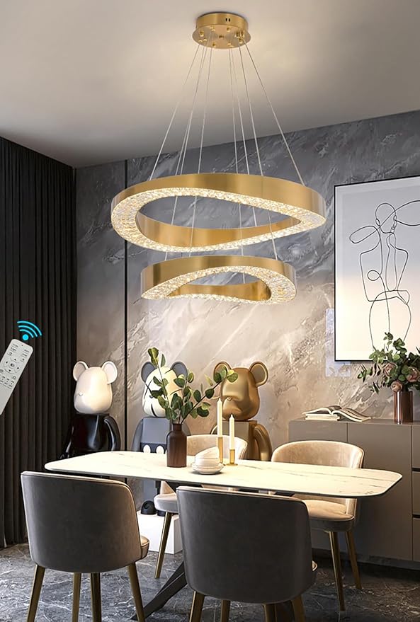 Gold Plated Crystal Chandelier for Living Room 2 Rings D20''+D28'' 120W Modern Gold Ceiling Lights for Dining Room, Hotel Dimmable 2700k 4500k 6000k