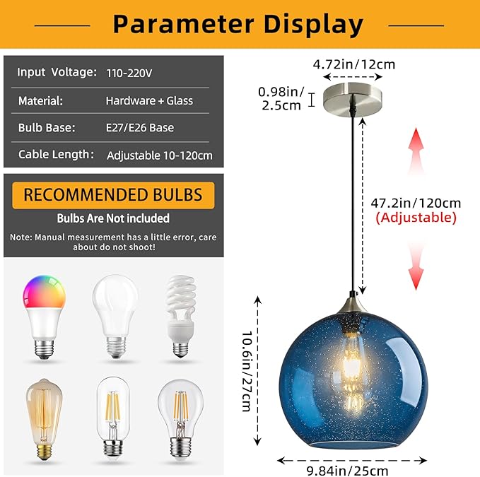 Mikeru Glass Globe Pendant Light Single, 9.85 Inch Clear Bubble Glass Hanging Lamp, Mid Century Modern Pendant Lighting for Kitchen Island Dining Room Bedroom (Bulb Not Included)