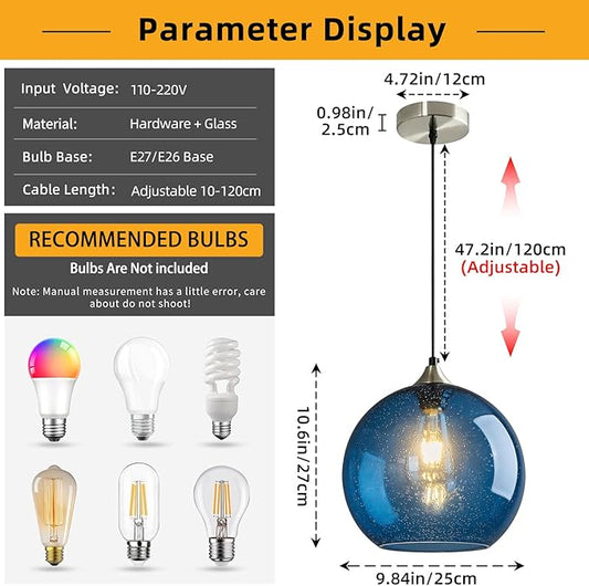Modern 2-Pack Glass Globe Pendant Lights, Blue Modern Pendant Lighting for Kitchen Island, Clear Glass Hanging Lamps for Dining Room Living Room Bedroom, Large 9.85 Inch Fixture (Bulbs Not Included)