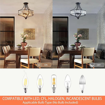 Black Crystal Chandelier Semi Flush Mount Ceiling Light Fixture Round Rustic Farmhouse 4-Light Mid Century Modern Chandelier for Hallway, Bedroom, Foyer, Entryway, Closet