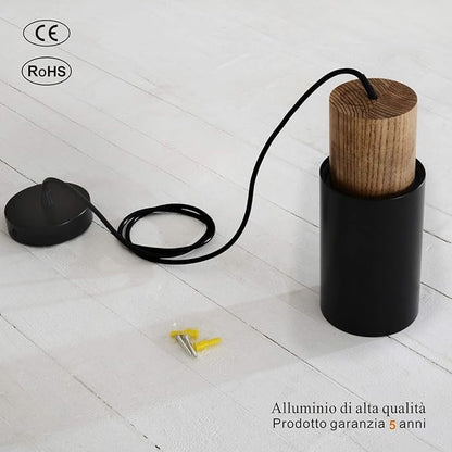 DUHU Black and Wood Pendant Light,Modern Kitchen Pendant Light Over Island,Industrial Metal Lampshade,Single Hanging Light E26 for Dinning Table,Bedroom Nightstand,Bar,Farmhouse,Height Adjustable