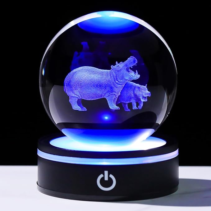 YWHL 3D Hippo Crystal Ball Figurine with LED Base Laser Hippopotamus Gifts for Women Men on Christmas Birthday Decorative Hippo Ball Glass Hippopotamus Globe for Home Decor (80mm)