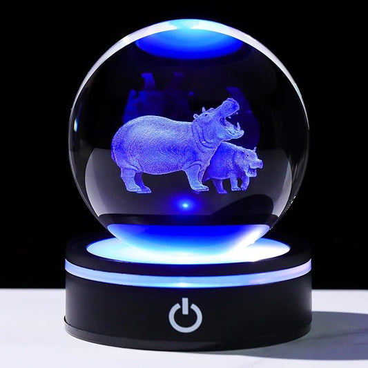 YWHL 3D Hippo Crystal Ball Figurine with LED Base Laser Hippopotamus Gifts for Women Men on Christmas Birthday Decorative Hippo Ball Glass Hippopotamus Globe for Home Decor (80mm)