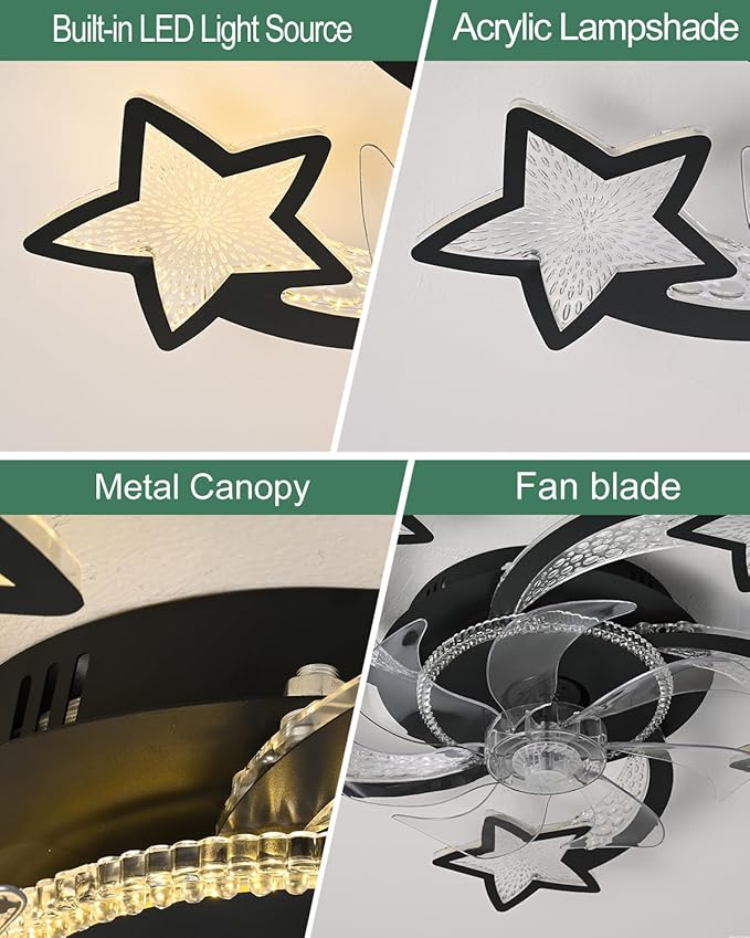 Yfrest Modern Ceiling Fan with Lights Remote Control, Black Star Ceiling Fan with Light APP Control, 6 Speeds 3 Light Color Low Profile Ceiling Fan for Kitchen Bedroom