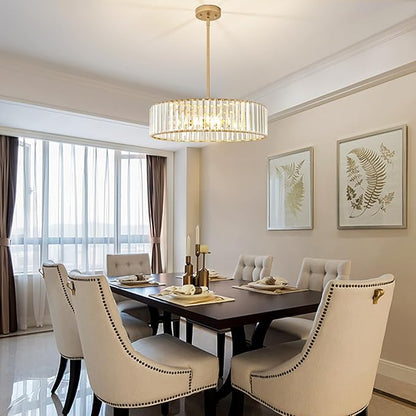 YURNYQ Gold Crystal Chandelier for Dining Room, 6-Light Modern Semi Flush Mount Chandelier Lighting Fixtures, Round Kitchen Hanging Drum Pendant Lights Ceiling for Living Room Bedroom Foyer, 19.6 Inch