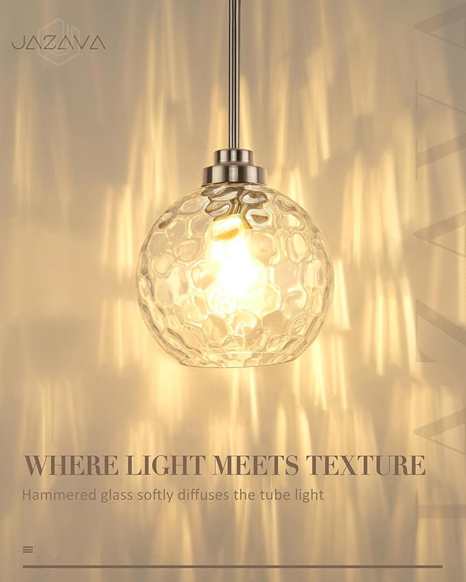 8 Inch Modern Farmhouse Pendant for Kitchen Island, Adjustable Height Hanging Fixture with Hammered Glass, Brushed Nickel, Dining Room Entryway - PL101HBN-L