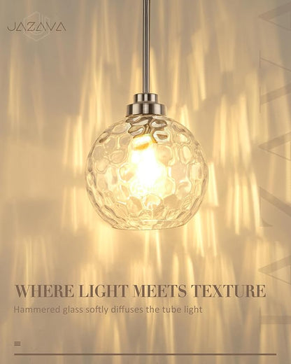 8 Inch Modern Farmhouse Pendant for Kitchen Island, Adjustable Height Hanging Fixture with Hammered Glass, Brushed Nickel, Dining Room Entryway - PL101HBN-L