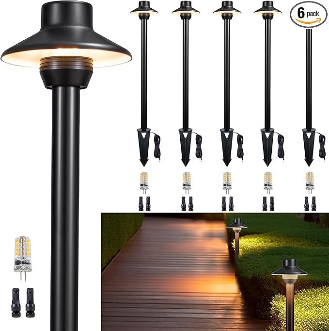 Gardenreet Brass Black Pathway Lights, 12V Low Voltage Landscape Path Light IP65 Waterproof, Wired Walkway Lighting Outdoor, LED Black for Lawn Backyard Garden with 2700K Warm White G4 Bulb (6 Pack)