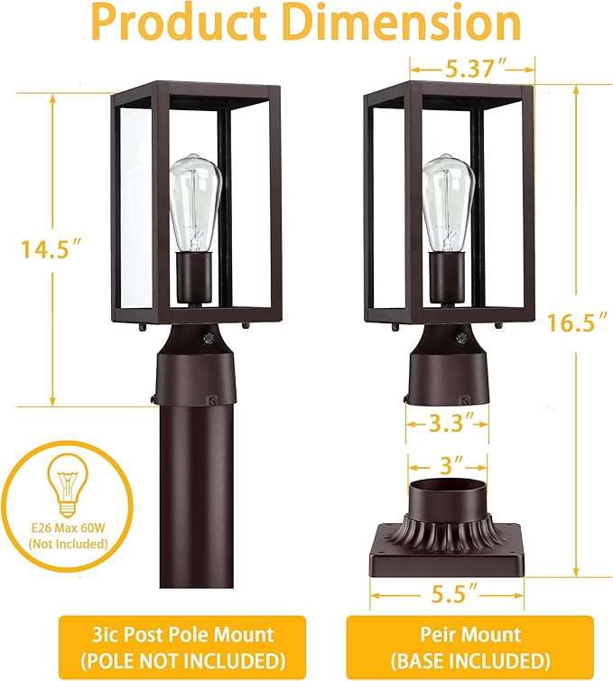 Dusk to Dawn Outdoor Post Lights with Pier Mount Base 2-Pack, Modern Lamp Post Light Fixture Waterproof Pole Lights Outdoor Column Lights Exterior Post Lantern with Clear Glass for Garden Patio, Brown