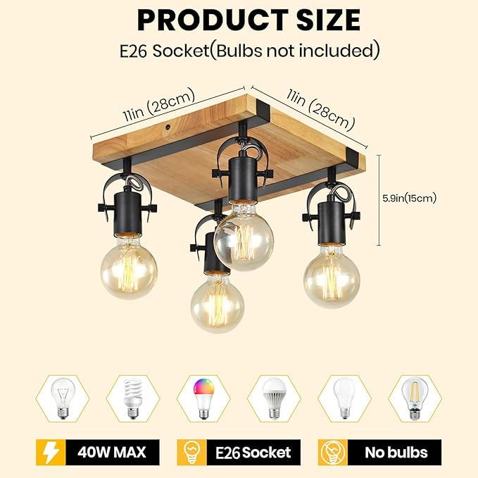 Farmhouse Wooden Flush Mount Ceiling Lamp,4-Light Directional Ceiling Spotlight Track Light Kits,Rustic Farmhouse Kitchen Light Fixtures for Kitchen Bathroom Bedroom Hallway.