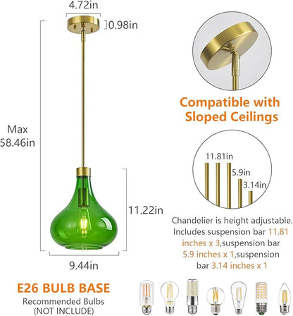 Modern Glass Pendant Light 9.44 in Green Glass Shade Gold Farmhouse Island Pendant Lights for Kitchen Pendant Lighting Over Sink Bedroom Dining Room