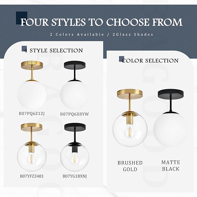 Bagood 8" Black Semi Flush Mount Ceiling Light Fixture Milk Glass Globe Ceiling Light Fixtures Hallway Light Fixtures Mid Century Ceiling Lights Matte Black Finish for Entryway Foyer (Bulb Incl.)