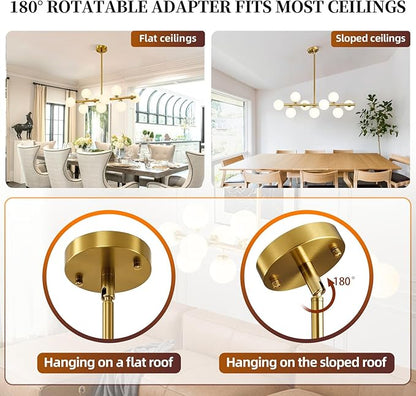 Mid Century Modern Sputnik Chandeliers: 9-Light Linear Brass Gold Dining Room Light Fixture - 40" Long Milk White Glass Globe Modern Pendant Chandelier Lighting for Living Room Kitchen Island Table