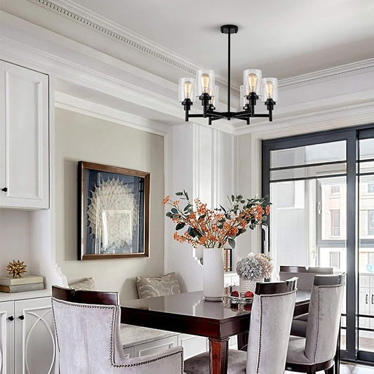 Black Chandelier, 6 Light Farmhouse Chandeliers for Dining Room Light Fixtures Over Table, Industrial Hanging Lighting with Clear Glass Shade for Living Room Kitchen Island Bathroom Entryway Bedroom