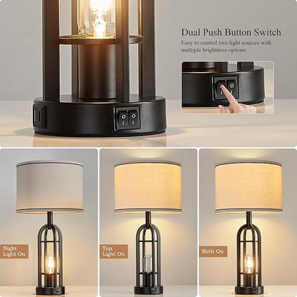 SRJJA Black Table Lamps for Living Room Set of 2 - Farmhouse Industrial Lamps for Night Stands with Night Light & USB A+C, 24" Rustic Bedside Lamp for Bedroom, Bulbs Included