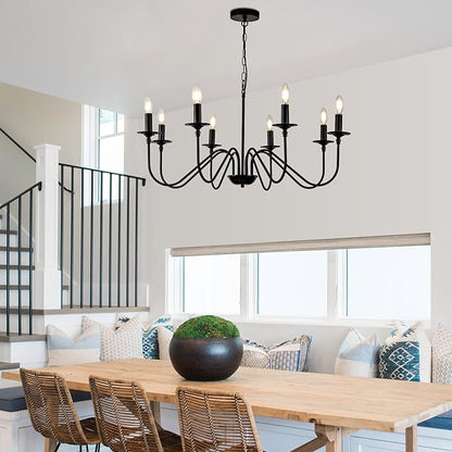 Black Farmhouse Chandeliers, 8 Light S-Arm Modern Candle Hanging Pendant Light, Industrial Rustic Metal Ceiling Kitchen Island Light for Living Room, Entryway, Foyer, Bedroom, Dining Room