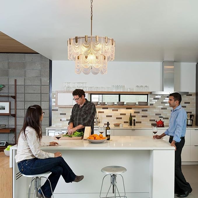 Crystal Glass Chandelier,Gold Glass Kitchen Island Lights,9-Light Dining Room Hanging Pendant Light Fixture for Living Room, Bedroom,Foyer, Bathroom,Entryway, Brass Finish, D24 xH25