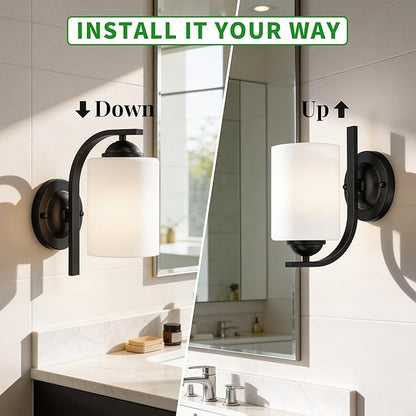 2-Pack Wall Sconces for Bedroom and Bathroom, Matte Black Farmhouse Wall Light Fixtures with Glass Shade, Modern Vanity Wall Lamps for Living Room, Hallway, Kitchen
