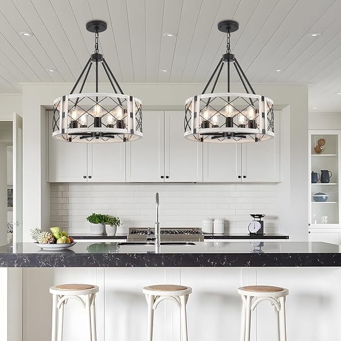 5-Light Farmhouse Chandelier 19.8" White Rustic Chandelier for Dining Room Adjustable Pendant Light Fixture for Kitchen Island Entryway Bedroom Hallway