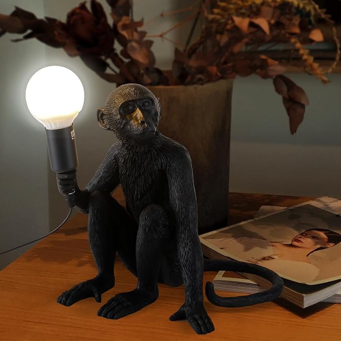 Modern Resin Monkey Wall Lamp Table Lamp Hemp Rope Pendant Light Vintage Monkey Lamp for Home Decor Dining Living Room Bedroom Entryway (Black, Table)