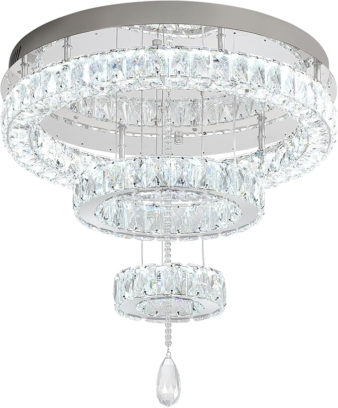 Flashing God Modern Crystal Chandelier Bedroom Chandeliers Flush Mount Ceiling Chandelier Light Fixture for Dining Room Entrance LED Dimmable Silver Ring Chandeliers
