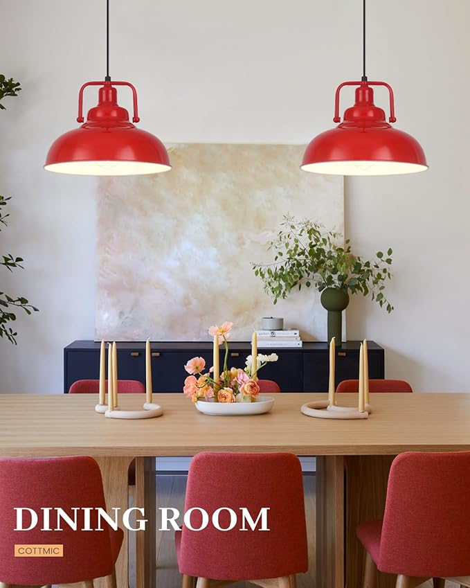 Red Farmhouse Pendant Light, 11.5in Pendant Light Kitchen Island, Adjustable Height, Industrial Pendant Lights, Metal Vintage Pendant Lighting for Kitchen, Dining Room, Barn, Hallway, 3 Pack
