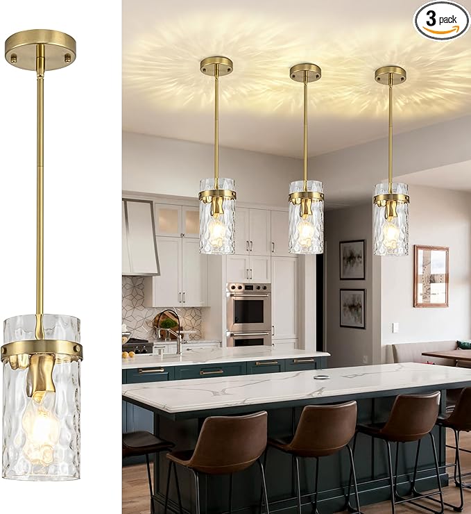 3 Pack Brushed Gold Pendant Lights Kitchen Island, Hammered Glass Pendant Lighting Over Island, Kitchen Hanging Light Fixtures Pendant Light Over Sink for Kitchen Entryway Foyer Dining Room