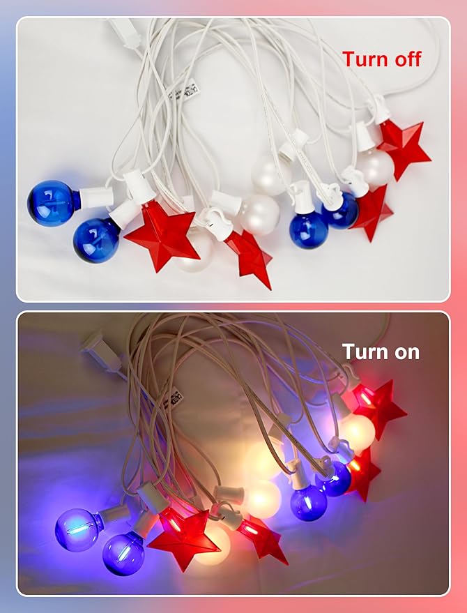 19Ft 4th of July Lights Outdoor, Waterproof Red White and Blue String Lights Plug in Connectable for Patriotic Porch Bistro Backyard Party Independence Day Decorations, E12/C7 Base Lights