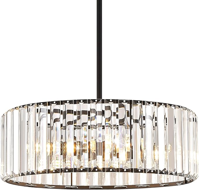 YURNYQ Black Crystal Chandelier for Dining Room, 4-Light Modern Semi Flush Mount Chandelier Lighting Fixtures, Round Kitchen Hanging Drum Pendant Lights Ceiling for Bedroom Entryway Foyer, 15 Inch