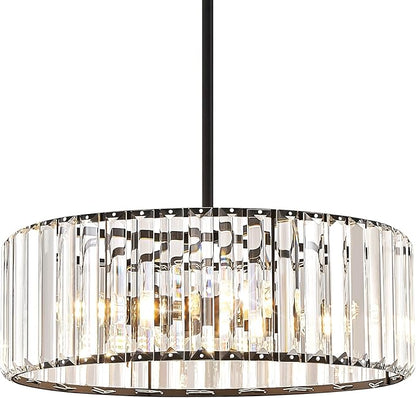YURNYQ Black Crystal Chandelier for Dining Room, 4-Light Modern Semi Flush Mount Chandelier Lighting Fixtures, Round Kitchen Hanging Drum Pendant Lights Ceiling for Bedroom Entryway Foyer, 15 Inch