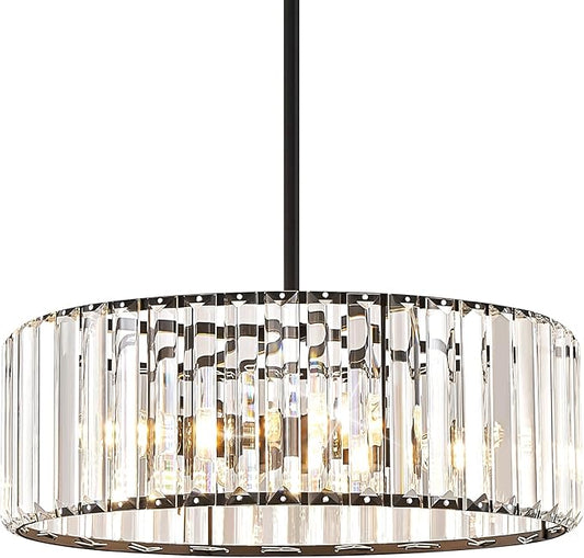 YURNYQ Black Crystal Chandelier for Dining Room, 4-Light Modern Semi Flush Mount Chandelier Lighting Fixtures, Round Kitchen Hanging Drum Pendant Lights Ceiling for Bedroom Entryway Foyer, 15 Inch