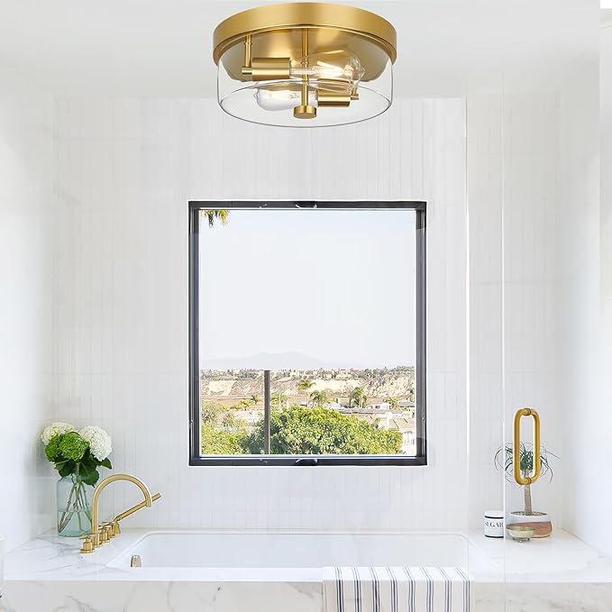 szzgco Flush Mount Ceiling Light Fixtures, 2-Light Gold Ceiling Mount for Farmhouse with Clear Glass Lampshade, Industrial Flush Mount Light Fixture Farmhouse for Hallway, Kitchen, Entryway and Foyer