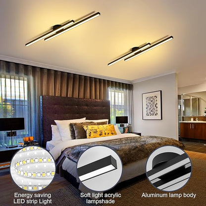 Black Modern LED Ceiling Light Fixtures with Remote 3000K/4500K/6000K Close to Ceiling Lights Creative Design Ceiling Lamp for Bedroom Kitchen Living Room Dining Room (32W, 2 Lights)
