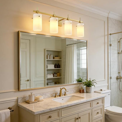 SOLFART Bathroom Light Fixtures, 4 Light Vanity Lights for Bathroom, Gold Wall Light with Milky White Glass for Mirror, Living Room, Hallway, Cabinet, E26 Base (Bulbs Not Included)