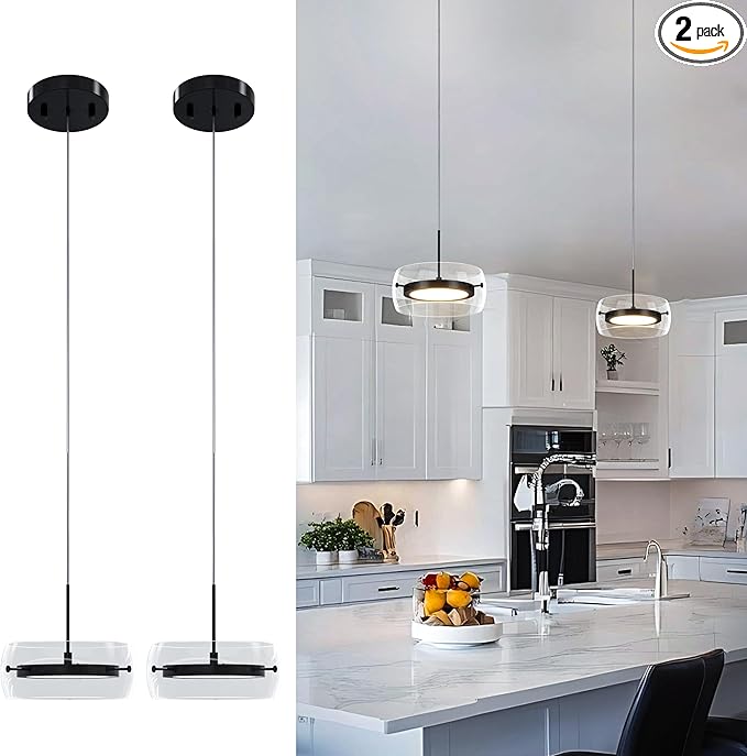 2-Pack Modern Pendant Lights Kitchen Island, Dual-Sided LED 3-CCT Dimmable Glass Hanging Lighting Fixture, Adjustable Cable for Dining Room, Bar, Over Table, Sloped Ceiling Matte Black
