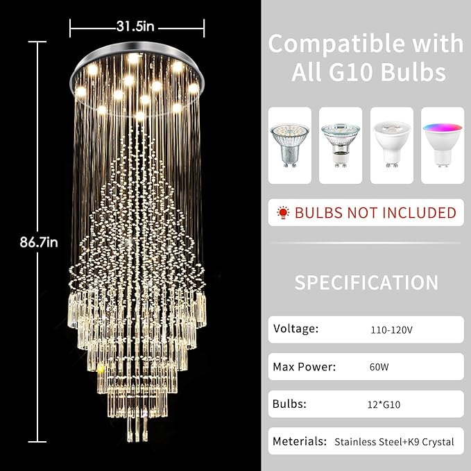 Luxury Large Foyer Chandelier, Modern 12-Lights Round Raindrop Crystal Chandeliers High Ceiling Flush Mount Light Fixtures for Hallway, Entryway, Stairs,Front Entrance D31.5 X H86.7 of CRYSTOP