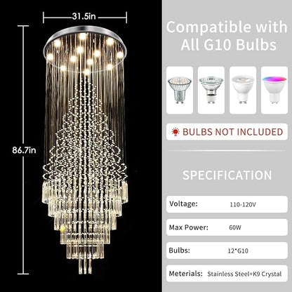 Luxury Large Foyer Chandelier, Modern 12-Lights Round Raindrop Crystal Chandeliers High Ceiling Flush Mount Light Fixtures for Hallway, Entryway, Stairs,Front Entrance D31.5 X H86.7 of CRYSTOP