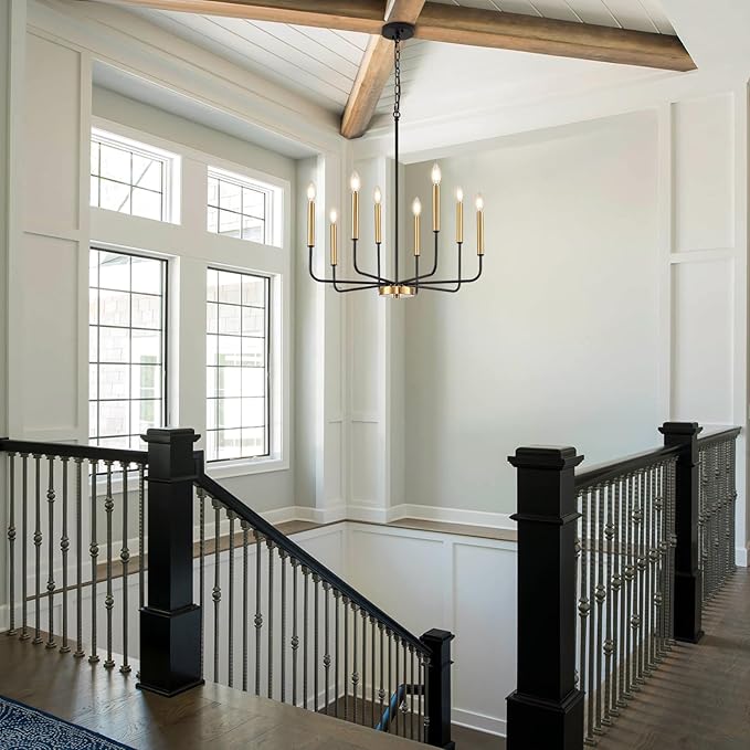 Modern Black and Gold Chandelier for Dining Room, 8-Light Metal Farmhouse Dining Room Light Fixtures Hanging Candle Chandelier Lighting for Kitchen, Living Room, Foyer, Entryway, Bedroom