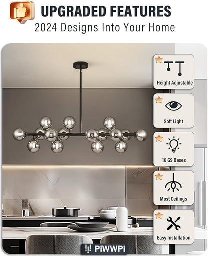 Glass Globe Sputnik Chandelier, 16-Light Mid Century Modern Light Fixture Over Table, Linear Chandeliers for Dining Room, Kitchen Island, Black and Smoke Grey Bubble, 40 Inch, GC-02