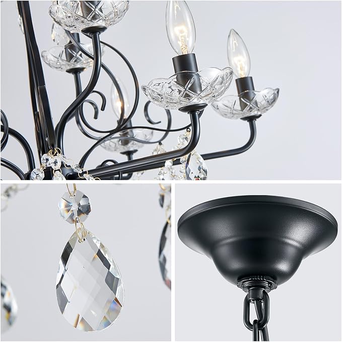 WUZUPS 9-Light Crystal Candle Chandelier Pendant Flushmount Ceiling Light Modern Lighting Fixture for Bedroom Hallway Bar Kitchen Bathroom, H 18.1" x W 25.6", Black, E12 Base