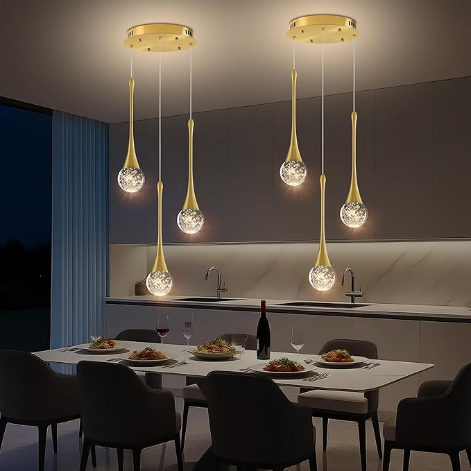 Modern Crystal Kitchen Island Chandelier 3-Lights Gold, LED Dimmable Raindrop Indoor Lighting Fixture for Dining Room Foyer Entryway Remote Control