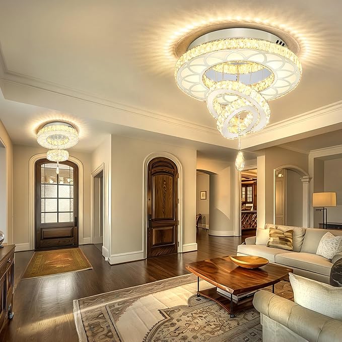 Flashing God Dia 20" Crystal Chandelier Crystal Silver Ceiling Light Fixtures LED Flush Mount Ceiling Light for Living Room Bedrooms Dining Room Dimmable 2700k 4500k 6000k