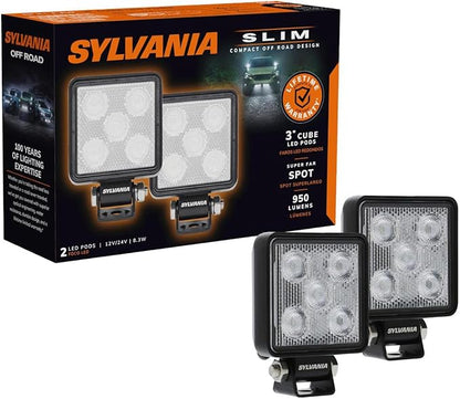 SYLVANIA - Slim 3 Inch Cube LED Light Pod - Lifetime Limited Warranty - Flood Light 950 Raw Lumens, Off Road Driving Work Light, Truck, Car, Boat, ATV, UTV, SUV, 4x4 (2 PC)
