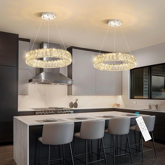HAIXIANG Modern Crystal Chandelier Dimmable LED 16 Inch Ring Pendant Lights Adjustable Glam Chandeliers Lighting Fixtures for Dining Room Living Room Bedroom Silver Light