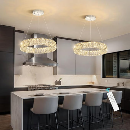 HAIXIANG Modern Crystal Chandelier Dimmable LED 16 Inch Ring Pendant Lights Adjustable Glam Chandeliers Lighting Fixtures for Dining Room Living Room Bedroom Silver Light